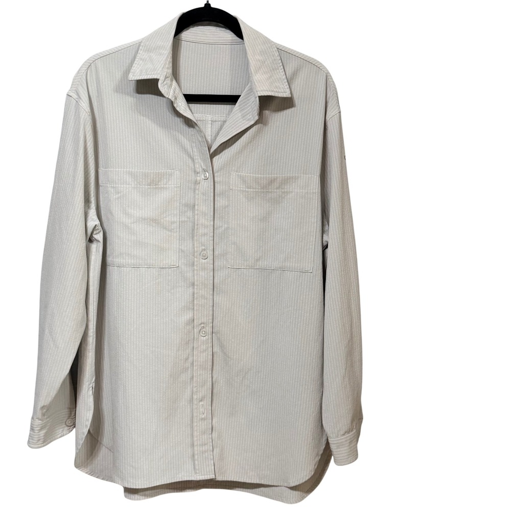Alo Yoga Womens Pinstripe Long Sleeve Button Down Shirt Grey White Athleisure